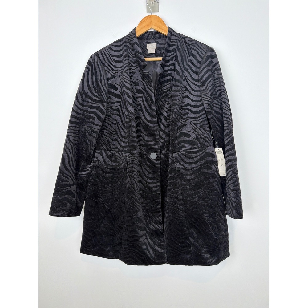NWT Chico's Black Velvet Zebra Print Jacket Size 3P US 14 16 Petite Mob Wife